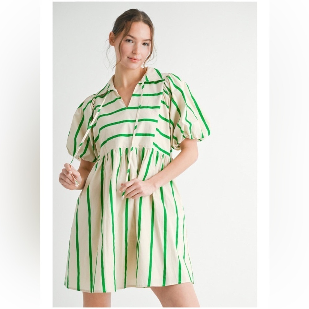 Jodifl Boutique Little Getaway Dress- Green & Tan Stripes-size Small- Worn Once